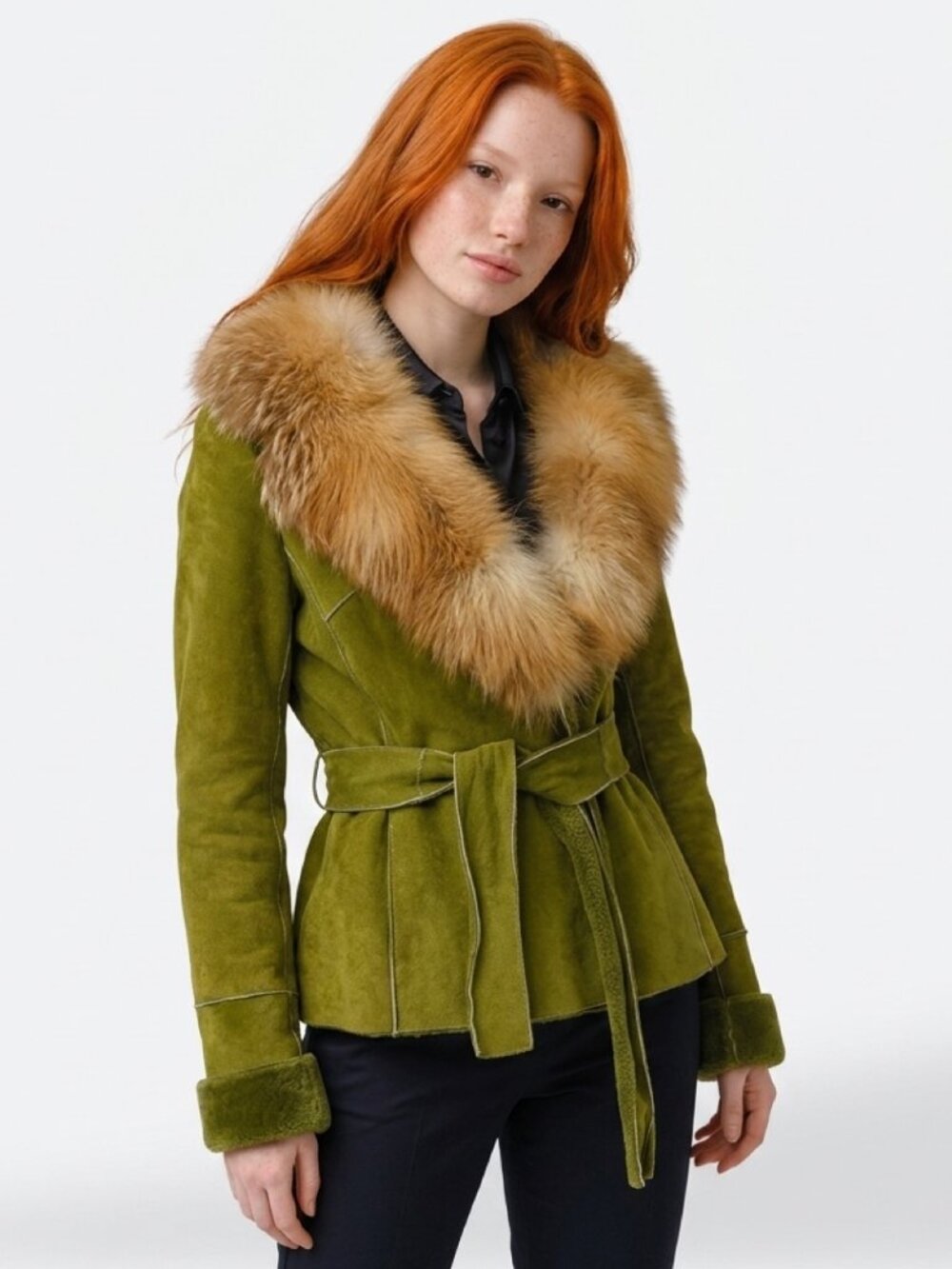 Dolce & Gabbana distressed Vintage ship skin/red fox Fur belted Jacket $5500